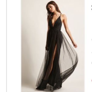 Black Plunge dress with tulle and high slits